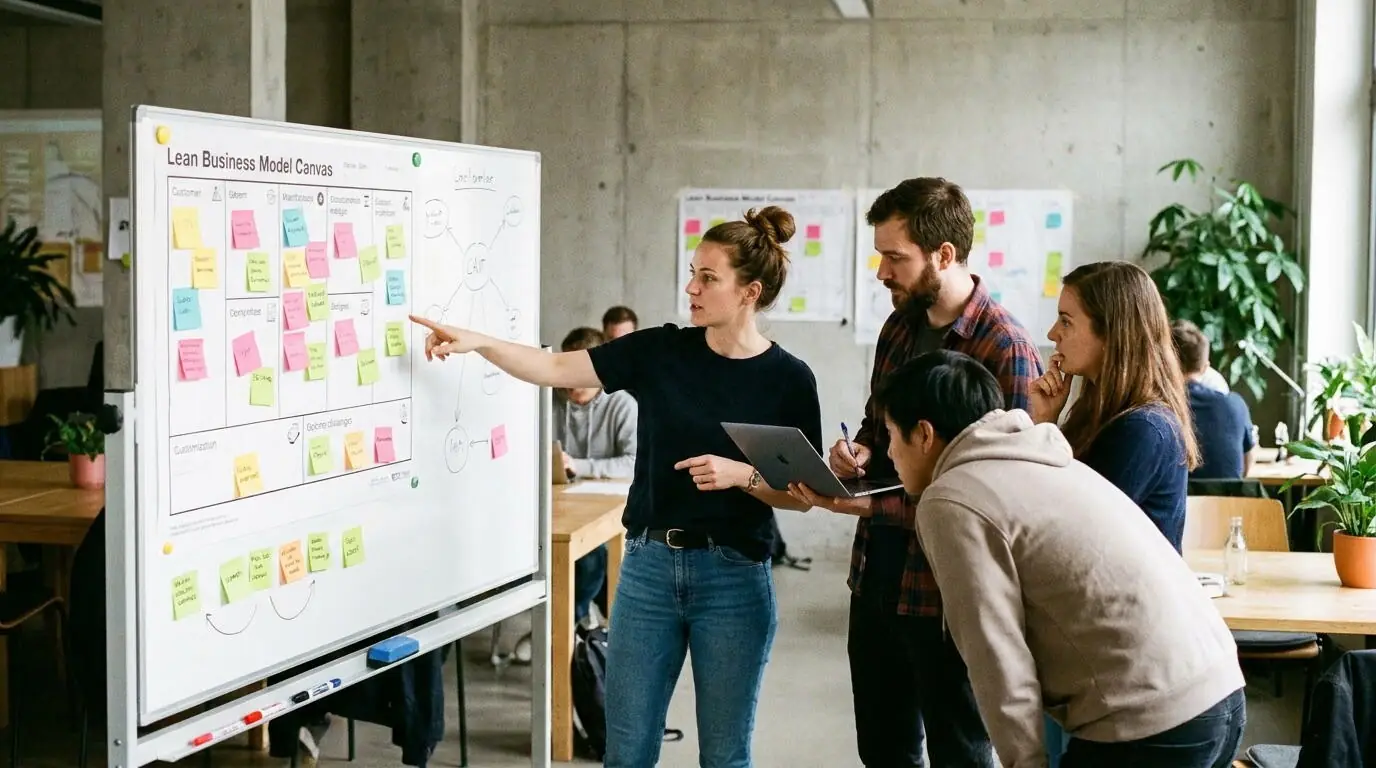 Team am Whiteboard mit Lean Business Model Canvas im Workshop